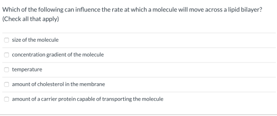 Which of the following can influence the rate at which a molecule will move across a lipid bilayer? (Check all that apply) si