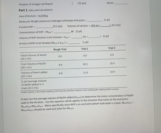 Titration of Vinegar Lab Report 1 /25 pts) Name: Part 1: Data and Calculations mass KHC.H.O- 4.0744 g Molecular Weight potass