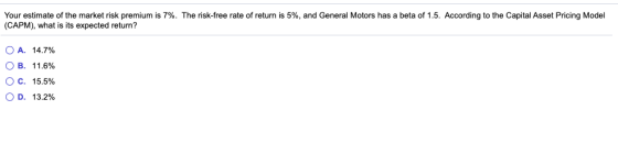 Your estimate of the market risk premium is 7%. The risk-free rate of return is 5%, and General Motors has a beta of 1.5. Acc