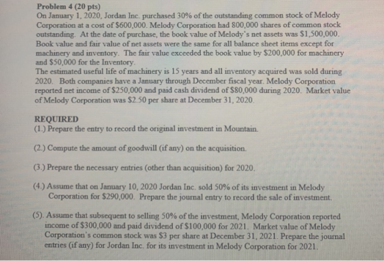 Problem 4 (20 pts) On January 1, 2020, Jordan Inc. purchased 30% of the outstanding common stock of Melody Corporation at a c