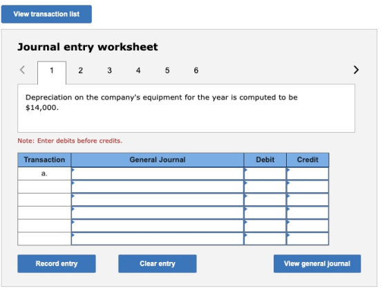 View transaction list Journal entry worksheet 1 2 3 4 5 6 > Depreciation on the companys equipment for the year is computed