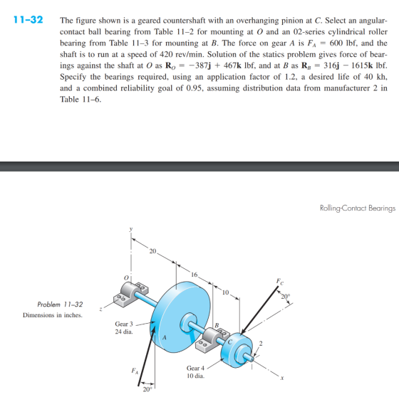 11-32 The figure shown is a geared countershaft with an overhanging pinion at C. Select an angular- contact ball bearing from