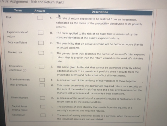 Ch 02: Assignment - Risk and Return: Part 1 Term Answer Risk A Expected rate of return B Description The rate of return expec