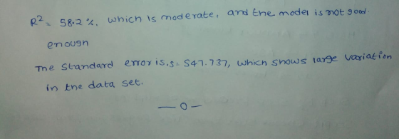 R2: 58.2%, which 、son od erate, an Ehe mode is mot goo/ The Standard emo is,s S41.73 7, which shows targe ariaé fan in tne data set.