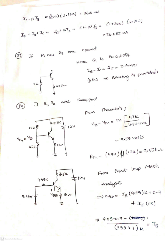 \u7k41216 36.4 mA Ic=BIB = 200) (0.182) (1+200] (0.182) = (1+B) IS Iet BTB JE =TRIca =36.552 mA opened R3 are 0 If R, are en