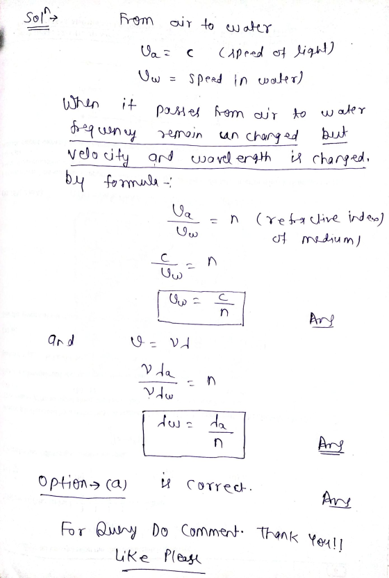 ve from air to water Ua= c (speed of light) Uw = speed in ealer) When it passes from air to water bequency remain un changed