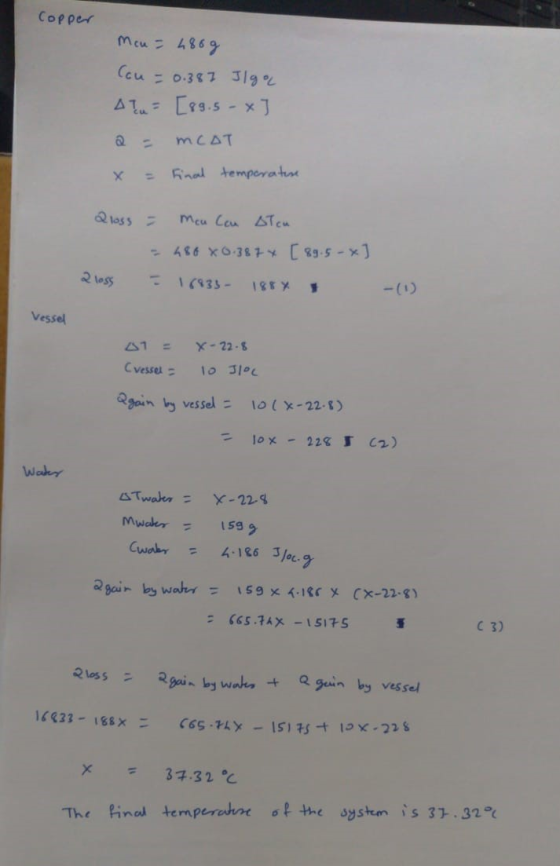 Copper Mcu = 280g Con = 0.387 Ilgo Atu= [8g.s-x ] a = MCAT x = Final temperature Qloss = Meu Can IT cu - 486 X6-387% [ 89.5-x