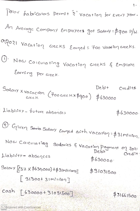 1. polar fabricators permit 2 vacation for every yeav. An Average Company Employees got Salary = $900 P/W. 012021 Vacation c