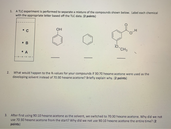 1. A TLC experiment is performed to separate a mixture of the compounds shown below. Label each chemical with the appropriate