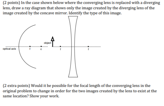 (2 points) In the case shown below where the converging lens is replaced with a diverging lens, draw a ray diagram that shows