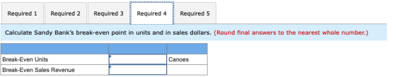 Required 1 Required 2 Required 3 Required 4 Required 5 Calculate Sandy Banks break-even point in units and in sales dollars.