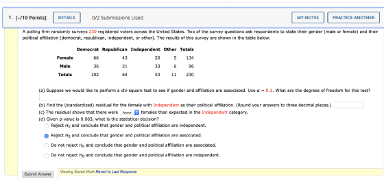 1. (-/10 Points] DETAILS 0/2 Submissions Used MY NOTES PRACTICE ANOTHER A polling firm randomly surveys 230 registered voters