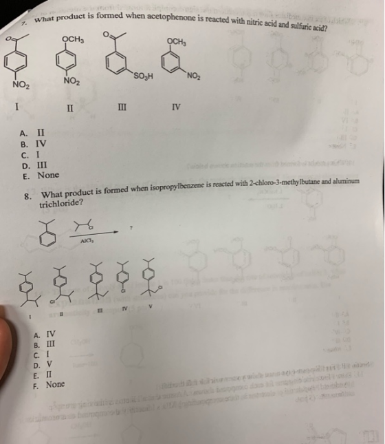 What product is formed when acetophenone is reacted with nitric acid and sulfuric acid? 7. OCH3 ОсH sOH NO2 NO2 NO2 I П ш IV