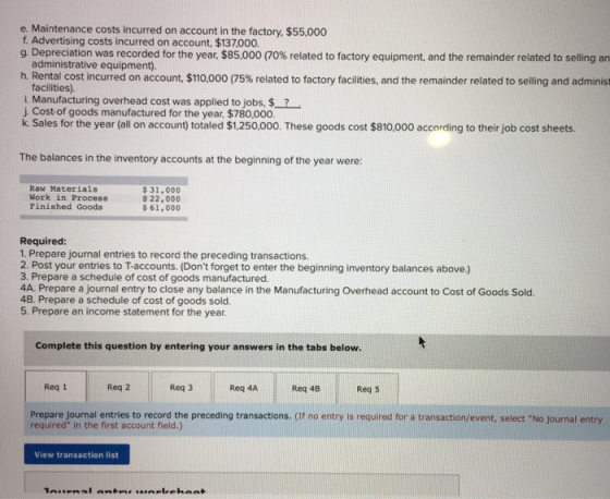 e. Maintenance costs incurred on account in the factory, $55,000 f. Advertising costs incurred on account, $137.000. g. Depre