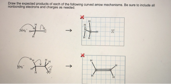 Draw the expected products of each of the following curved arrow mechanisms. Be sure to include all nonbonding electrons and