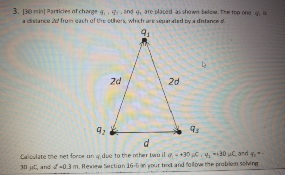 3. [30 min] Particles of charge q , q, , and q, are placed as shown below. The top one q, is a distance 2d from each of the others, which are separated by a distance d q1 2d 2d 92 93 Calculate the net force on q, due to the other two if q,s +30 uC, q +30 uC, and q,- 30 c, and d-0.3 m. Review Section 16-6 in your text and follow the problem solving