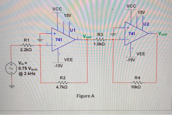 VCC VCC 15V 15V U2 U1 3 6 + R3 Voutt 741 = Vouth 6 R1 741 2 1.0kg 2.2k VEE -15V VEE Vin= -15V 2 0.75 VIP-P) @ 2 kHz R2 R4 4.7