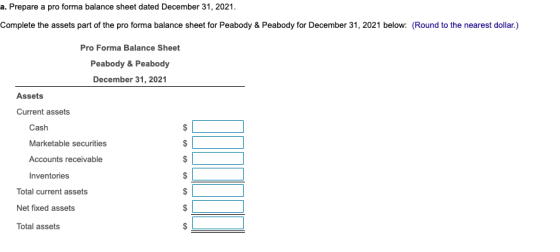 a. Prepare a pro forma balance sheet dated December 31, 2021. Complete the assets part of the pro forma balance sheet for Pea