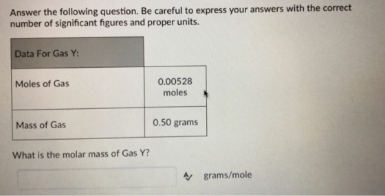 Answer the following question. Be careful to express your answers with the corredt number of significant figures and proper units. Data For Gas Y 0.00528 moles Moles of Gas Mass of Gas 0.50 grams What is the molar mass of Gas Y? A grams/mole
