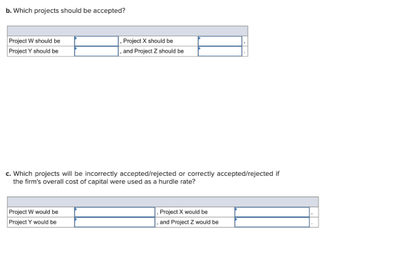 b. Which projects should be accepted? Project W should be Project X should be Project Y should be and Project Z should be c.