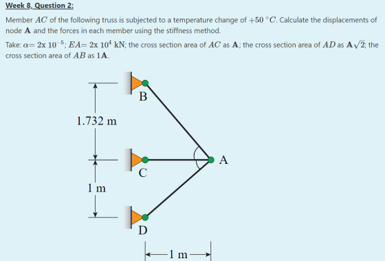 Week 8, Question 2: Member AC of the following truss is subjected to a temperature change of +50 °C. Calculate the displaceme