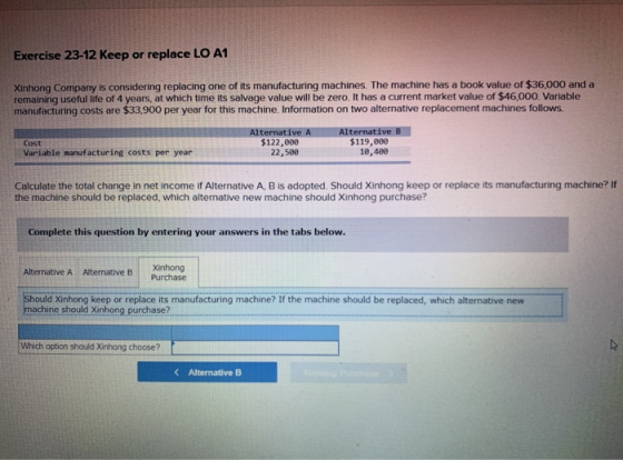 Exercise 23-12 Keep or replace LO A1 Xinhong Company is considering replacing one of its manufacturing machines. The machine