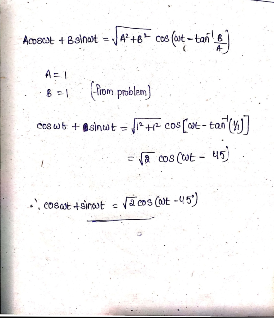 Amosat + Beinwt = VA2+B? cos A2+B2 cas (ort -tanle A A1 (from problem) 1(%)] coswt + Øsinwt = V12 +2 cos[at-tan a cos (wt 4
