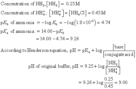 Concentrati on of NH3,[NH0.25M Concentration ofNH;, | NH;-INH,C1j = 0.45M pK, of ammonialog K -log(18x103) 4.74 pka of ammoni