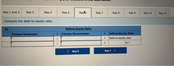 1 Le LD5 DCIUW. Req 1 and 2 Req3 Reg 4 Req 5 Regt Req 7 Req8 Req9 Req 10 Reg 11 Compute the debt-to-equity ratio. (6) Debt-to