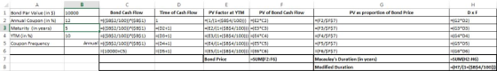 Bond Cash Flow Tme of Cash FlowPV Factor at YTM PV of Bond Cash Flow ((SB$2/100) (SBS1)1 PV as proportion of Bond Price 1 Bond Par Value (in S)10000 2 Annual Coupon (in %) 12 D x F -11+SB$4/100) E2 C2) (F2/SFS) (F3/SF$7 Maturity (in years) 4 YTM (in %) 5 Coupon Frequency B2/100)B1) D2+1 IB$2/100) (SB$1) D3+1) G3 D3) (G4 D4) 10 AnnualSB$2/10O))(SB$1) D4+1) F5/SFS (10000+C5 Bond Price SUME2-F6) Macaulays Duration (in years) Modified Duration -SUM(H2:H6) イH7/(1+($B$4/100)))