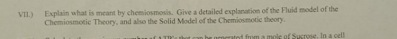 VII.) Explain what is meant by chemiosmosis. Give a detailed explanation of the Fluid model of the Chemiosmotic Theory, and a