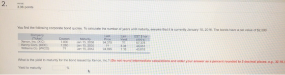 236 points You find the following corporate bond quotes. To calculate the number of years until maturity, assume that is curr