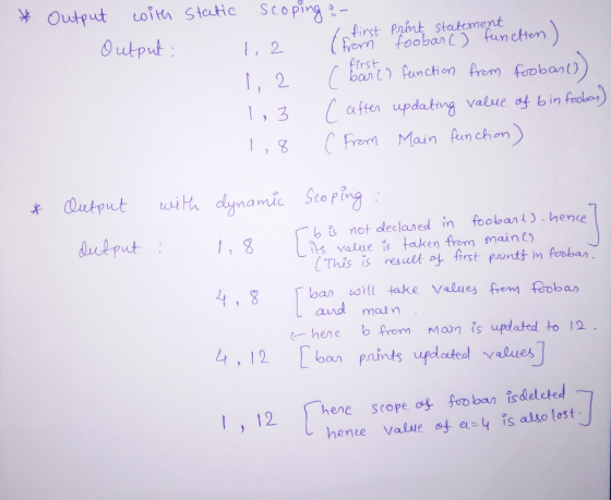 ¥ Output coita Static Scoping Outputn ron first Pint statcment m etier) firs 2. ,3ien updatig value ot bin felon) Fm Moun fan