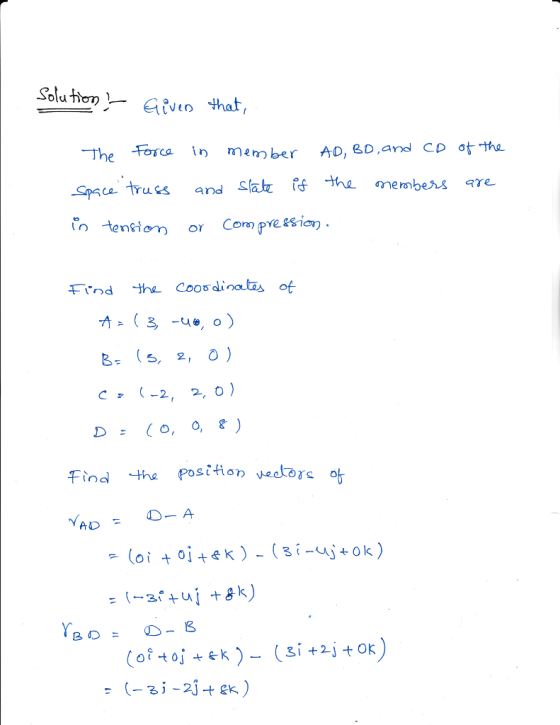Solu tem 1- Given that, catn member AD, 8D,and CD ot tha -Spsce trues and stab efthe members are -The forca Find e Coos dinatas ot - S, 2, 0) Find tha Postfion edo o