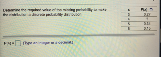 Determine the required value of the missing probability to make the distribution a discrete probability distribution. W X 3 O