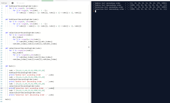 main.py O saved : , [11, 18, 19, 28, 36, 40, 62, 155, 1990]) : , [1990, 155, 62, 40, 36, 28, 19, 18, 11]} : , [11, 18, 19,
