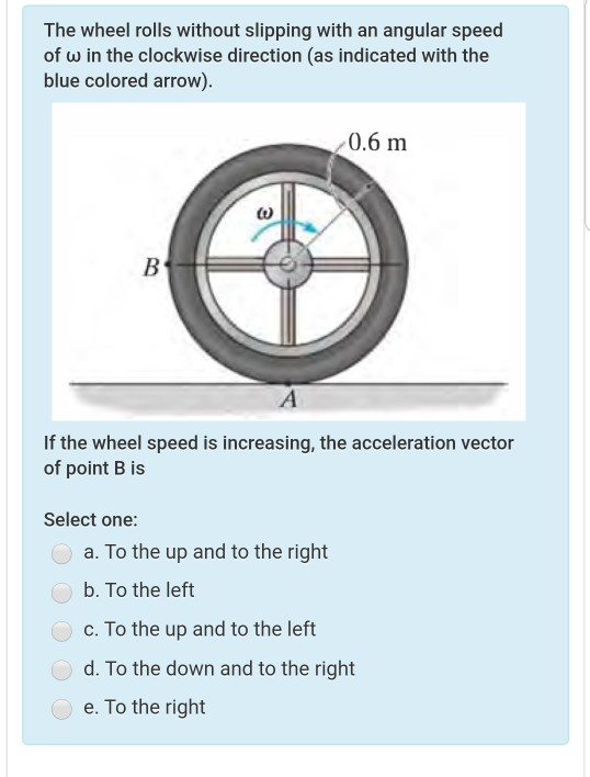 The wheel rolls without slipping with an angular speed of w in the clockwise direction (as indicated with the blue colored ar