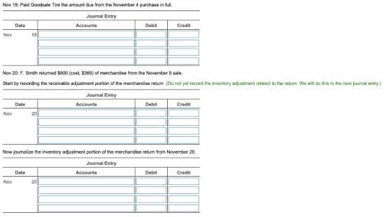 Nov 18: Paid Goodsale Tire the amount due from the November 4 purchase in full. Journal Entry Date Accounts Debit Credit Nov
