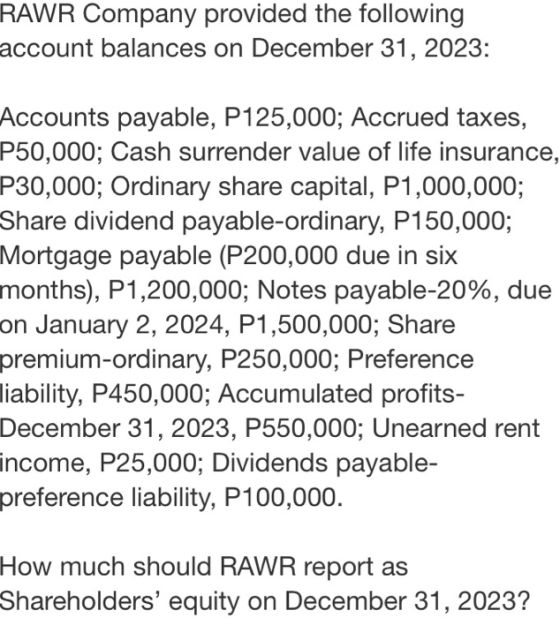 RAWR Company provided the following account balances on December 31, 2023: Accounts payable, P125,000; Accrued taxes, P50,000