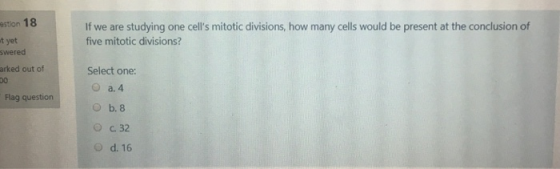 estion 18 t yet swered arked out of If we are studying one cells mitotic divisions, how many cells would be present at the c