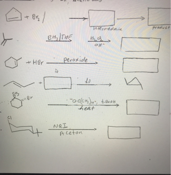 + Brz Intermediate Product t BH₂ THE tha of- + H Br peroxide ho + CH3 - 0 c(CH3)4, t. Gush heat cl Nal Aceton