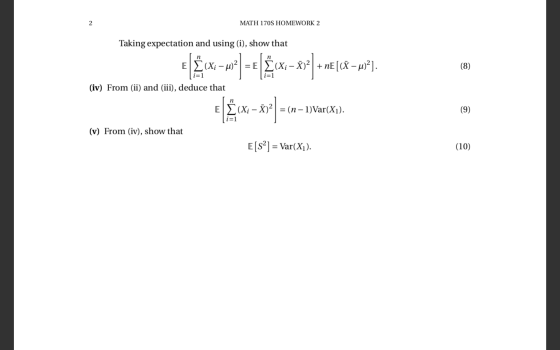 MATH 170S HOMEWORK 2 Taking expectation and using (i), show that (iv) From (ii) and (iii), deduce that [«K=w*) -- [<:-*,7*) *