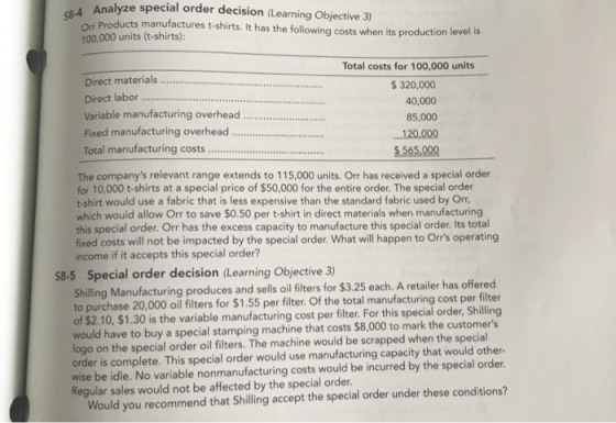 4 Analyze special order decision (Learning Objective 3) O Products manufactures t-shirts. It has the following costs when its