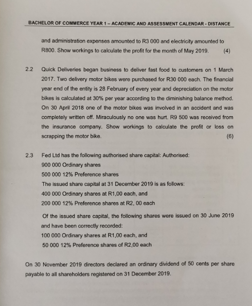 BACHELOR OF COMMERCE YEAR 1 - ACADEMIC AND ASSESSMENT CALENDAR - DISTANCE and administration expenses amounted to R3 000 and
