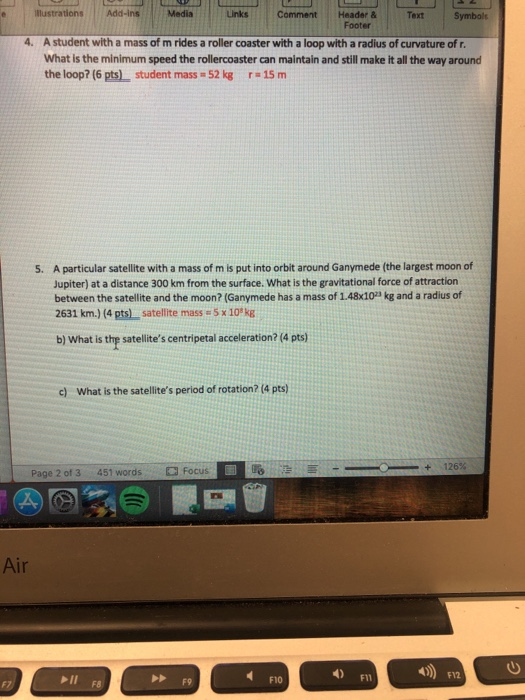 Iustrations Add-ins Media Links Comment Header &Text Symbalt Footer 4. A student with a mass of m rides a roller coaster with