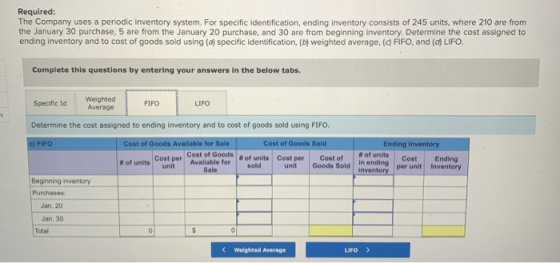 Required: The Company uses a periodic inventory system. For specific identification, ending inventory consists of 245 units,