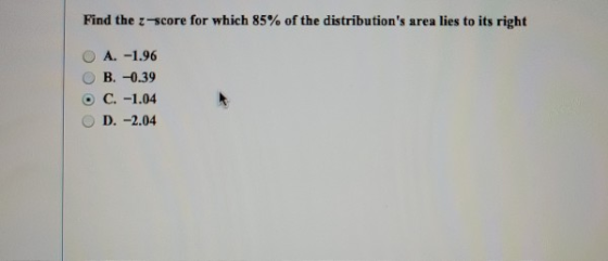 Find the score for which 85% of the distributions area lies to its right A. -1.96 B. -0.39 C. -1.04 D. -2.04
