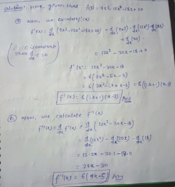 Then d.co da solution - Here given that fro= 4x3_152²-18x+ 20 @ Now, we calculatef!w. fewaret (923–152²-182+20) = , (923) - (