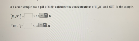 If a urine sample has a pH of 5.90, calculate the concentrations of Hot and OH in the sample. m [130*]- [OH ]- X1060 10M