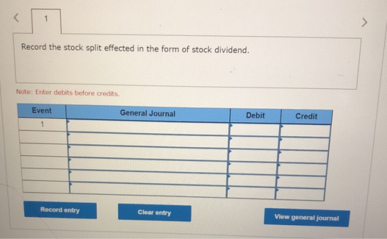 Record the stock split effected in the form of stock dividend. Note: Enter debits before credits. General Journal Debit Credi